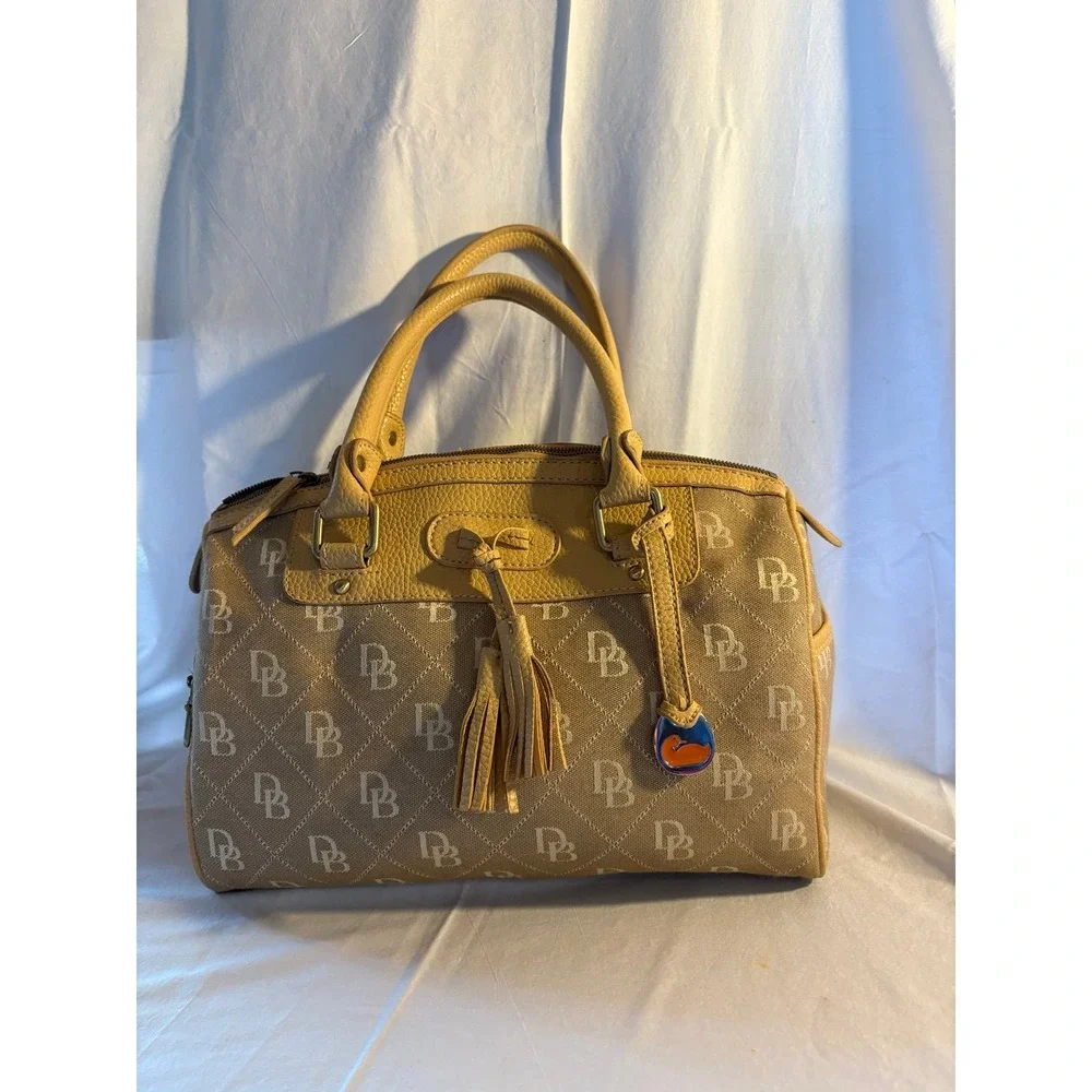 Dooney & Bourke‎ Signature Monogram Canvas Satchel Tan Beige Tassel Handbag